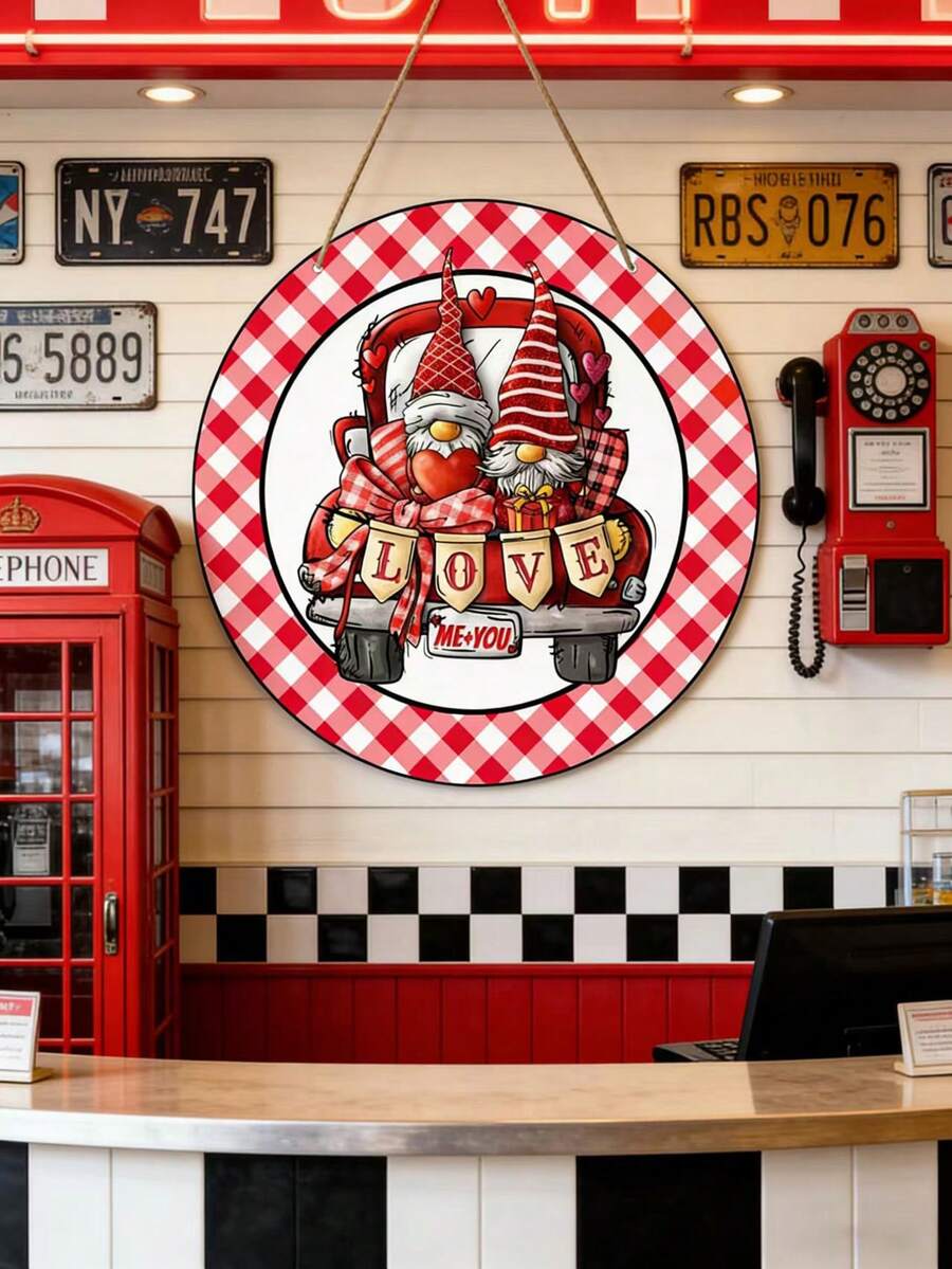 Gnome Valentine's Day Wreath Sign, Round Door Decor, Wooden Wall Decoration, Suitable For Home, Patio, Living Room, And Bedroom As A Festive Welcome Decoration, Perfect Valentine's Gift - Multicolor - View 1