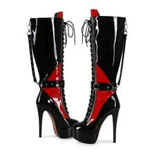 女士朋克风厚底撞色圆头系带过膝长靴 - 黑色 - 查看 12