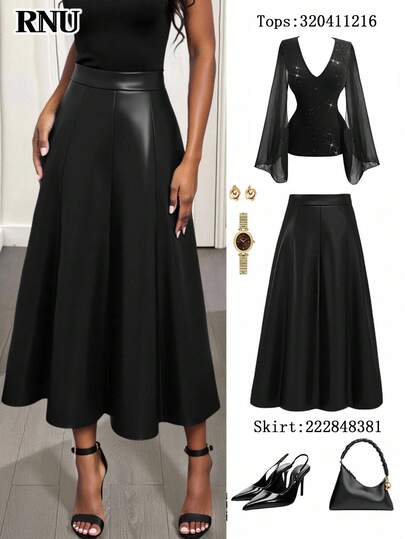 RNU Women's Black PU Leather Zipper A-Line Skirt, Suitable For Valentine's Day, Carnival Parties, Weddings, Elegant And Versatile, Suitable For Spring/Summer Outings, Elegant Parties, Autumn, Cocktail Dresses, Fashionable And Elegant, Casual And Versatile, Brown Skirt, Spring/Summer