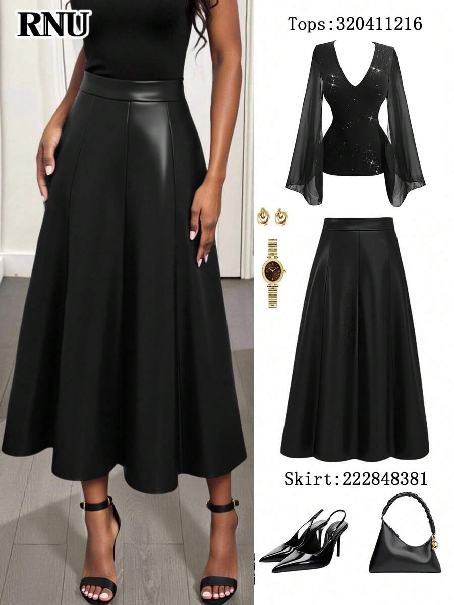 RNU 女士黑色PU皮拉链A字裙，适合情人节、狂欢派对、婚礼等场合，优雅百搭，也适合春夏外出、优雅派对、秋季、鸡尾酒会等场合，时尚优雅，休闲百搭，棕色裙子，春夏款 - 黑色 - 查看 1