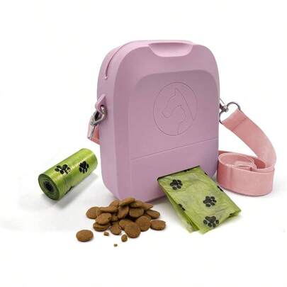 Silicone Dog Treat Pouch Training With Poop Bag Dispenser, Zipper Closure And Shoulder Strap Design, Dog Treat Bag, Puppy Training Walkingpink
