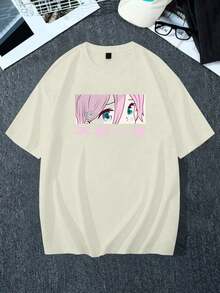 Y2K Anime Eye Print Oversized T-Shirt, Loose Fit, Premium Soft Fabric, Summer/Spring - Krim - View 4