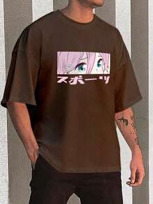 Y2K Anime Eye Print Oversized T-Shirt, Loose Fit, Premium Soft Fabric, Summer/Spring - 鏽棕色 - 查看 1