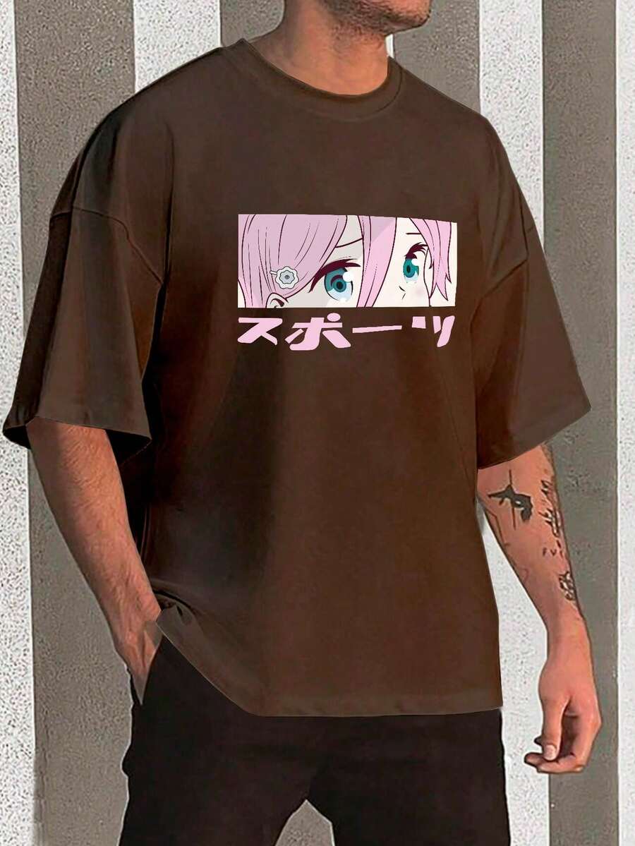 Y2K Anime Eye Print Oversized T-Shirt, Loose Fit, Premium Soft Fabric, Summer/Spring - 鏽棕色 - 查看 1