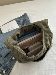 Nueva bolsa de hombro de pana de unicolor y versátil, bolso baguette minimalista casual, bolso cubo grande - Verde - Ver 8