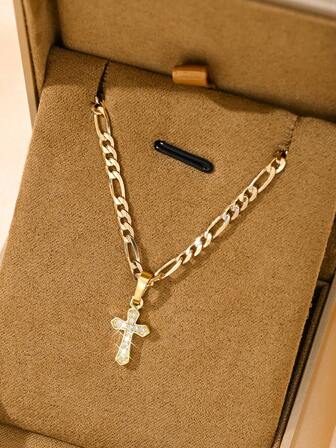 1件铜镶嵌锆石十字架吊坠项链，时尚信仰风格，小巧尺寸适合叠戴，是圣诞节、感恩节、万圣节、母亲节、情人节、送给朋友、教会成员、初领圣体、日常佩戴和祈祷的绝佳礼物。