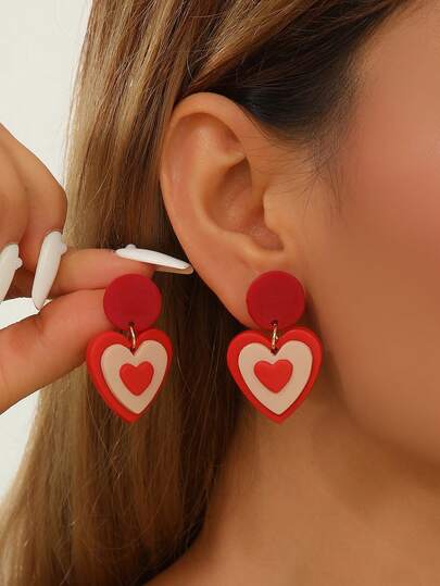 1 Pair Sweet Heart Rainbow Valentine's Day Polymer Clay Drop Earrings With 3D Heart Shape Marbled Finish Leopard Print Glitter Accent Rainbow Pattern Decor Dangle Earrings For Teenage Girls Weekend Hangout Shopping Trip Wear And Kawaii Style Enthusiasts