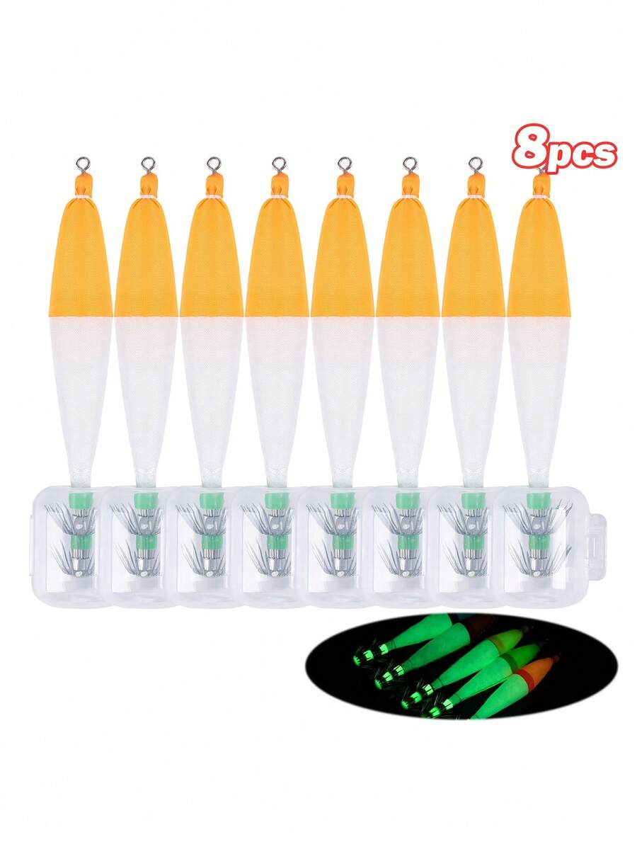 GOTURE 8pcs Wooden Shrimp Squid Hook Explosion Hook 3.5/4.0 # Wrapped With Luminous Cloth Roll Squid Needle With Wooden Shrimp Protective Cover, Sea Fishing Fake Bait