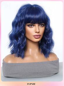 TOPSHE 12 Inch Blue Short Curly Wig With Bangs, Heat Resistant Synthetic Wig, Elegant Ladies Wig, Natural Looking, Suitable For Daily Wear, Halloween, Christmas, Cosplay, Valentine's Day, Gift, Carnival Costume - Blue - View 3