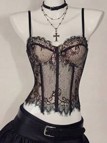 黑色蕾丝细肩带性感女士文胸，蕾丝边紧身文胸，适合日常穿着、私人派对、生日聚会等场合，时尚百搭，性感蕾丝女士文胸 - 黑色 - 查看 11