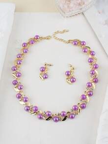 Bộ trang sức 3 món, dây chuyền và bông tai đính đá tím thời trang dành cho nữ, mạ vàng, quà tặng trang sức cưới cho bạn gái/mẹ. - Xem 5