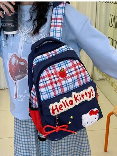 Sanrio 1个三丽鸥Hello Kitty时尚可爱卡通背包 - 条纹格纹撞色斜挎包，动漫刺绣休闲运动包，大容量背包，适合通勤、户外徒步和日常使用，返校必备