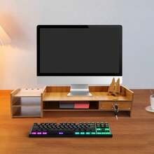 Soporte elevador para monitor de bambú, soporte para monitor exquisito con cajón, soporte para monitor de madera ergonómico con altura ajustable, estantería para computadora con cajón con cerradura - por defecto - Ver 5