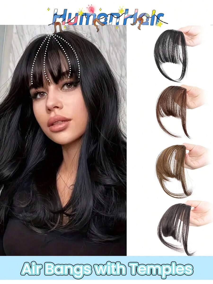 升级版轻盈法式刘海真发夹式接发，适合女性日常佩戴，自然黑色带鬓角刘海