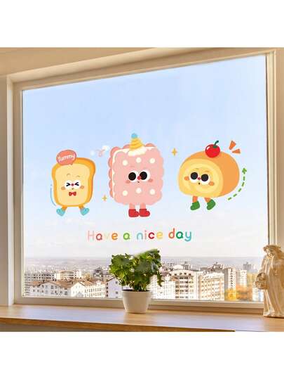Adorables décalcomanies thème dessin animé sans adhésif imperméables pour la décoration de la fenêtre, de la porte coulissante de la pâtisserie, de la boulangerie et du magasin de gâteaux