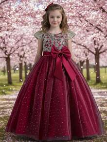 Girls Sequin Embroidered Bodice Tulle Ball Gown Dress With Glitter Skirt Short Sleeves And Big Bow Back Princess Flower Girl Dress For Wedding Birthday Pageant Formal Occasion - 酒紅色 - 查看 1