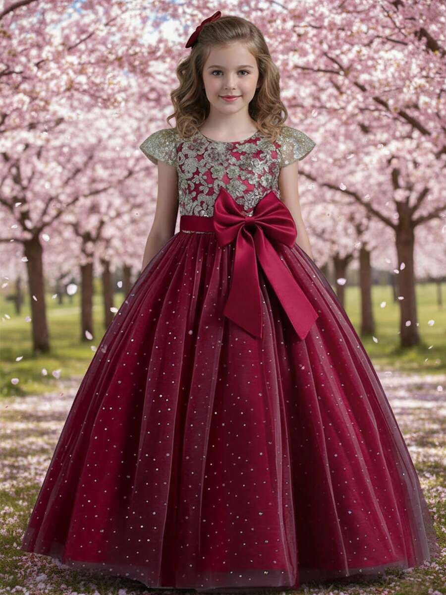 Girls Sequin Embroidered Bodice Tulle Ball Gown Dress With Glitter Skirt Short Sleeves And Big Bow Back Princess Flower Girl Dress For Wedding Birthday Pageant Formal Occasion - 酒紅色 - 查看 1