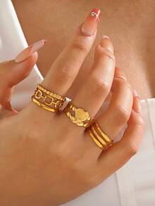 3pcs/Set Stainless Steel 18K Gold Plated Personalized Geometric Heart Line Rings Set, Suitable For Women Daily Wear & Party - Multicolor - View 2