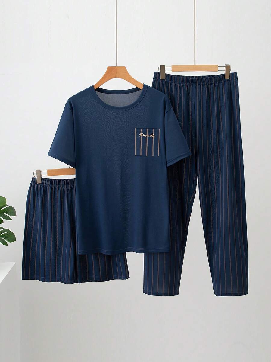 Bộ đồ ngủ mỏng 3 món dành cho nam, áo thun cổ tròn tay ngắn và quần short & quần dài, bộ đồ mặc nhà thoải mái 3 món (áo thun, quần short, quần dài), mùa hè - Màu xanh hải quân - Xem 1