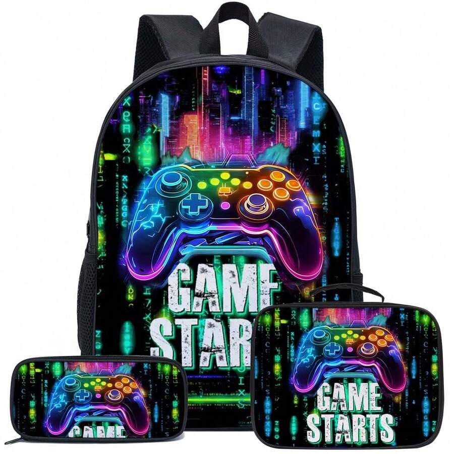 Set de 3 piezas: Mochila para niños, Bolsa escolar de 16.5 pulgadas con bolso de mano y estuche para lápices, adecuado para estudiantes de primaria, secundaria y preparatoria - Juegos de Neon Five - Ver 1