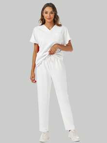 Worker Uniform Set: V-Neck Short Sleeve Top And Pants White Spring - White - View 4