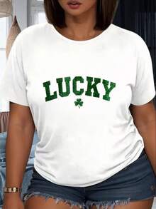 Lucky Shamrock T Shirt Women St Patrick's Day Cotton Casual Top White Green Print Short Sleeve Tee Shirt220g - 黑色 - 查看 1