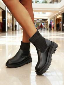 女士踝靴和短靴，松紧带厚底靴，黑色、米色、卡其色、棕色，时尚秋冬季一脚蹬靴 - 黑色 - 查看 2