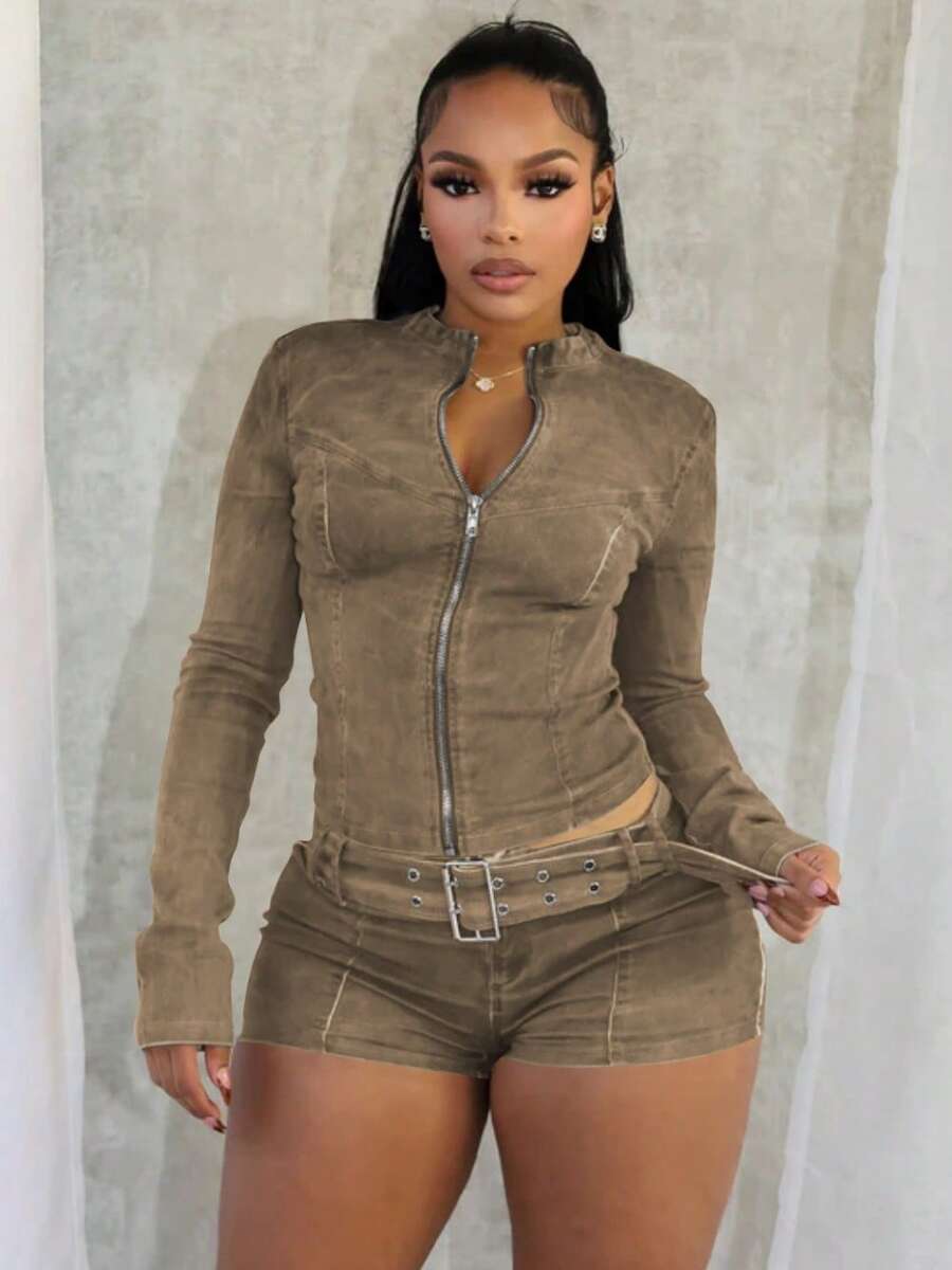 Denim Two-Piece Long-Sleeve Zip-Up Belted Bodycon Shorts Set Spring Summer Valentine's Day Outfit Trajes Elegantes De Mujer Spring Break Outfits - Màu Khaki - Xem 1