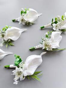 1支/6支装人造PU马蹄莲新郎胸花男士兄弟腕花毕业别针西装婚礼鲜花派对装饰 - 白色 - 查看 6