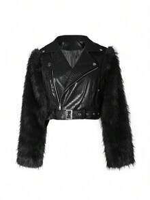 Women's Fashion Faux Fur Crocodile Print Jacket Collar Design Waist Belt Detail Zipper Closure - Black G0772 - View 6