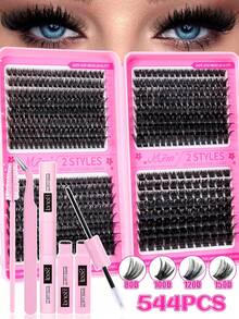 640/544/300pcs Eyelash Extension Kit, DIY Eyelash Extension Set, Individual Eyelash Cluster Kit, D Curl Eyelash Extension Set, Includes Adhesive, Sealant And Eyelash Extension Tools, Suitable For Daily Use, Travel, Beginners, Weddings, Dates, Parties, Festivals, Great For Christmas/Halloween/Gift Eyelash Set - 黑色 - 查看 19