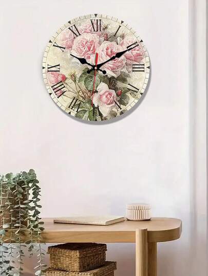 10/12 Inch Modern Stylish Pink Rose Oil Painting Wooden Wall Clock, Silent Design, Suitable For Living Room, Home And Kitchen Decor, Can Be Used As Wall Clock Or Gift, Battery Not Included