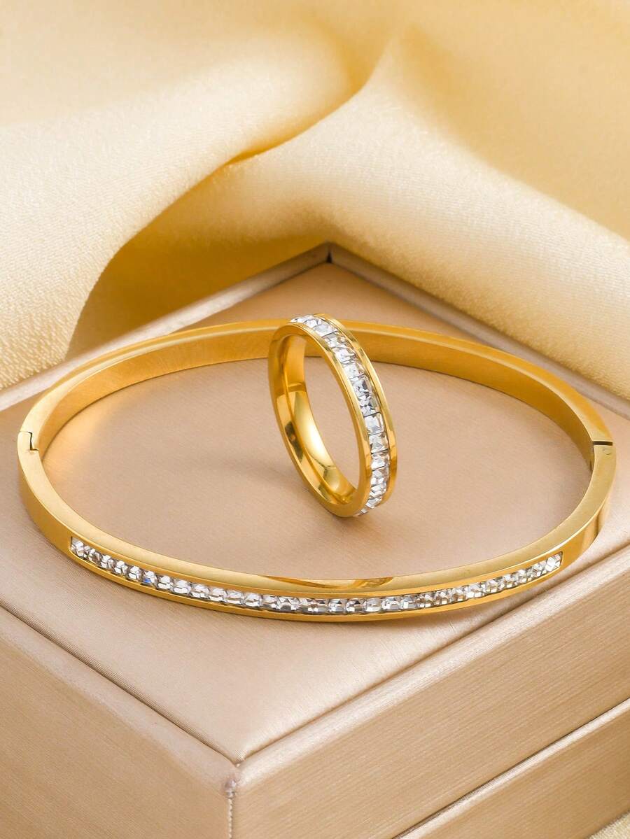 1 Set Fashionable Luxurious Diamond Women's Bracelet Set, Includes 1 Rust-Resistant Golden Color Diamond Bracelet And 1 Stainless Steel Ring, Suitable For Women's Daily Wear, Parties, Birthdays, Weddings, Music Festivals, Dates, Anniversaries, And As A Gift For Women - Gold - View 1