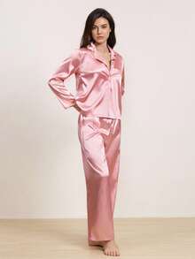 Hourtrue 两件套女士府绸开襟长袖衬衫+松紧腰裤睡衣套装，可爱家居服，秋冬服装 - 粉色 - 查看 4