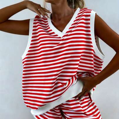 2pcs Women Summer Colorblock Striped Pajama Set, Sleeveless V-Neck Camisole + Shorts, Comfortable Casual Loungewear