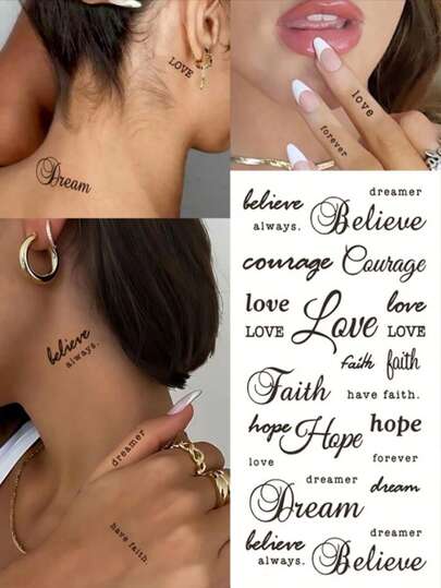 黑色文字纹身贴纸，包含“相信/勇敢/爱/信仰/希望/梦想”等充满情感和激励的花卉图案，适用于手腕、脚踝、肩膀、脖子、锁骨等部位的DIY纹身贴纸，可用于嘉年华、情人节、派对等节日场合，防水逼真，1张装。