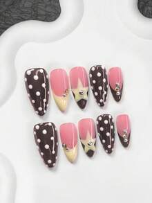 10件套复古甜美风格凝胶美甲套装，亚克力按压式美甲贴片，3D银色圆形水钻装饰，手绘奶油黄色星星，白色波点美甲装饰，黑色指甲油美甲用品手工按压式美甲贴片 - 彩色 - 查看 14