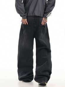 1件 Justice Brother 复古做旧破洞毛边牛仔裤，男士休闲宽松阔腿牛仔裤，嘻哈街头风 - 黑色 - 查看 4