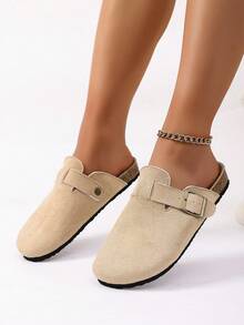 1双女士厚底搭扣凉鞋，春季新款，杏色圆头套脚绒面平底穆勒鞋，百搭户外休闲拖鞋 - 杏色 - 查看 3