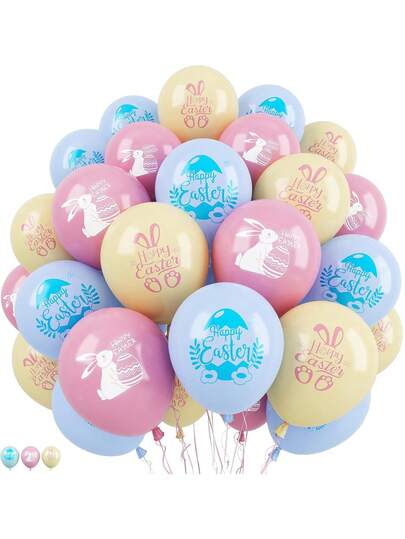 复活节快乐气球，20/30个装，12英寸，浅粉色、蓝色、可爱兔子图案，春季复活节彩蛋派对气球，适合儿童、男孩女孩，可爱彩蛋复活节春季生日派对、婴儿派对装饰