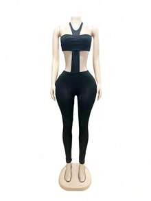 Sexy Waist Hollow Jumpsuit Nightclub Spice Style Slim Slim And Thin Spice Girl Tight Slim Tube Top Neck Trousers Two-Piece Set - màu đen - Xem 6