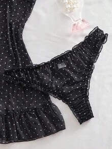 2件套波点睡裙性感女士薄纱网眼内衣吊带裙套装（含内裤） - 黑色 - 查看 4