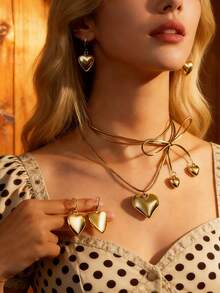 3 Pcs Heart-Shaped Pendant Leather Cord Layered Necklace, High-End Clavicle Chain, Bow Necklace And Earring Set, Suitable For Both Formal Occasions And Everyday Wear. - Multicolor - View 3