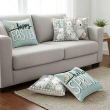 Fundas de almohada con diseño de conejito de Pascua, creativas y suaves fundas de cojín de primavera para decoración de fiestas en el hogar. - Azul - Ver 2