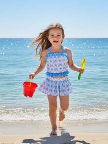 2Pcs Toddler Girl Swimsuit Set Sleeveless Halter Neck Starfish Bow Print Tops And Skirted Bikini Bottoms - 藍色 - 查看 2