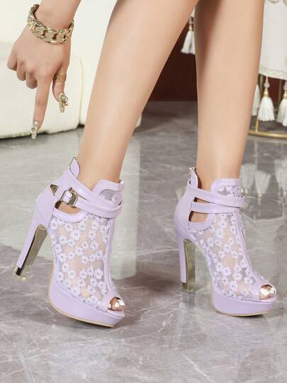 黑色拉链后跟高跟厚底网眼粗跟鞋，时尚女鞋