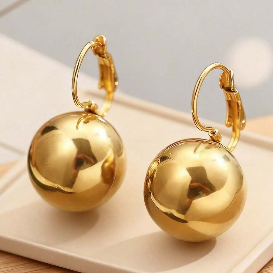 1对时尚金色球形耳环，金属质感耳夹，适合日常佩戴 - 金屬球耳環 - 查看 1