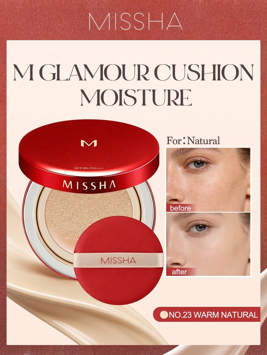 MISSHA Cushion Foundation SPF45 PA+++, Moisturizing And Long-Lasting Makeup, Korean Cushion Foundation For Natural Glow And Hydrated Skin - Hydrating-No.23 Warm Natural - View 1