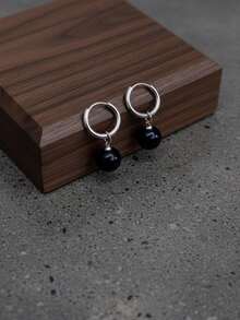 1 Pair Stainless Steel Hoop Earrings With Black Acrylic Beaded Pendant For Men, Hip Hop Style Accessories For Two-Style Wearing - Black - View 3