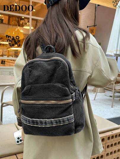 Dedoo Retro Solid Color Denim Backpack For Women, 2026 Style, Simple Design, Unisex, Suitable For Junior High School, High School, And College Students, Outdoor Travel Bag, Commuting, And Casual Use.